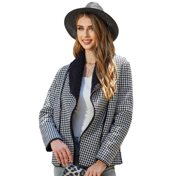 Color-Autumn Winter Women Clothing Cardigan Long Sleeve Collared Houndstooth Composite Plush Coat Women-Fancey Boutique