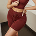 Color-Wine Red Shorts-Popular Zipper Bra High Waist Shorts Fitness Suit Running Fitness Sports Vertical Stripes Yoga Clothes-Fancey Boutique