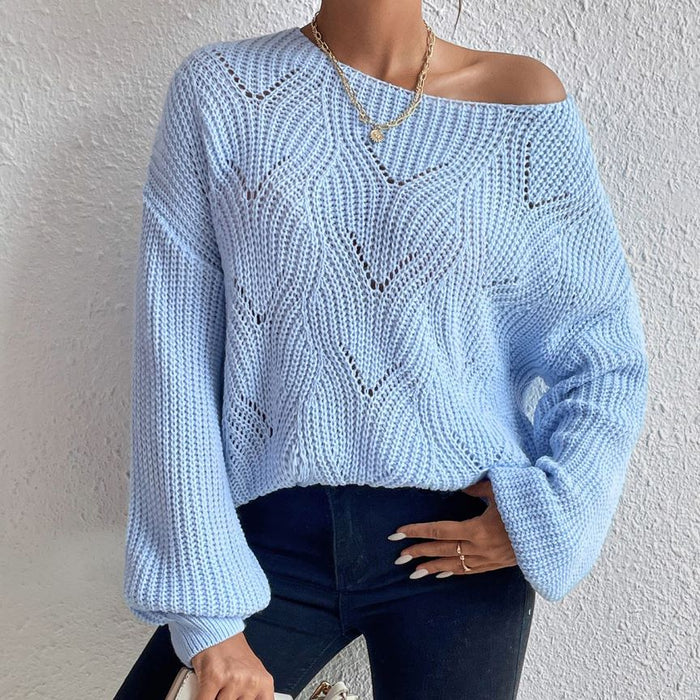 Color-Women Popular off the Shoulder Sweater round Neck Hollowed Casual Sweater Sweater-Fancey Boutique