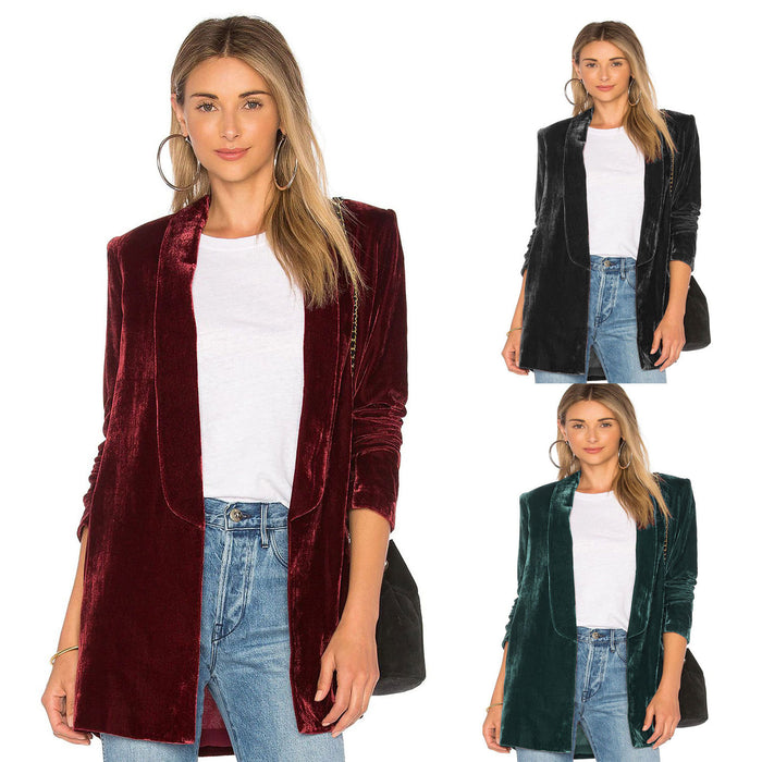 Color-Pleuche Blazer Women Coat Slim Simple Casual All-Match Coat Outerwear-Fancey Boutique