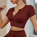 Color-Burgundy short sleeved-Popular Zipper Bra High Waist Shorts Fitness Suit Running Fitness Sports Vertical Stripes Yoga Clothes-Fancey Boutique