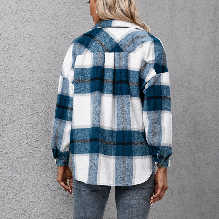 Color-Thickened Cashmere Long-Sleeved Plaid Jacket Loose Casual shacket Jacket Plush Plaid Jacket Coat for Women-Fancey Boutique