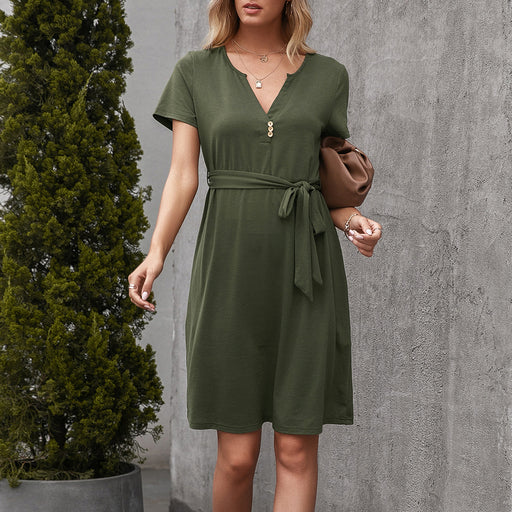 Color-V Neck Waist Controlled Slimming Elegant Tied Short Sleeve Casual Dress for Women-Fancey Boutique