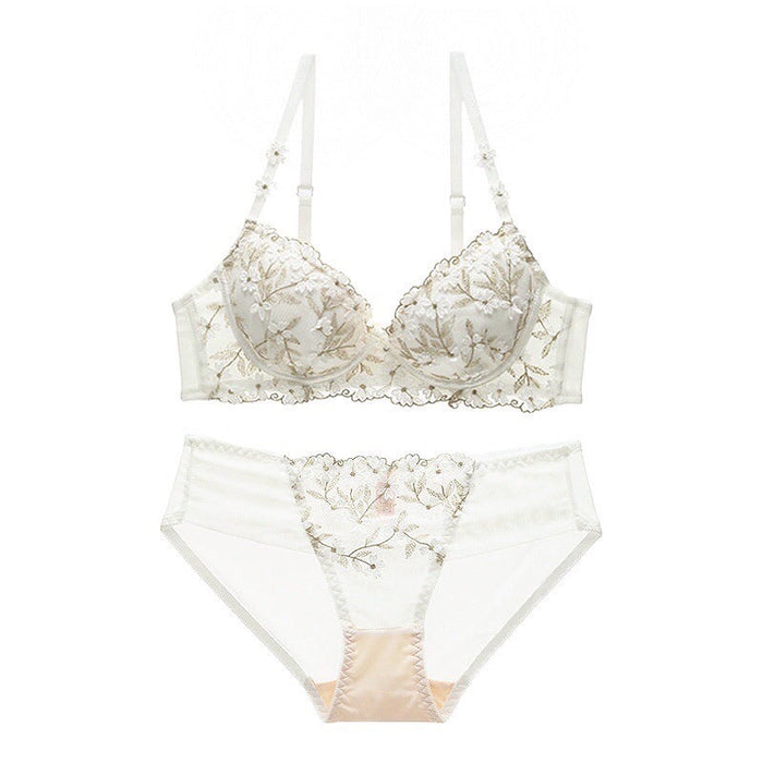 Color-Flower White-French Underwear Women Small Breast Push up Push up Adjusting Bra Embroidered Floral Lace Bra Set-Fancey Boutique