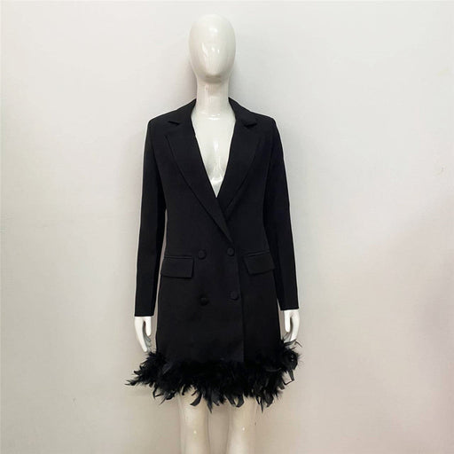 Color-Black-Women Wear Elegant Collar Dress Sexy Feather Breasted French Dress-Fancey Boutique