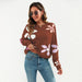 Color-Brown-Women Jacquard Contrast Color Floral Sweater O neck Short All Match Casual Pullover Sweater-Fancey Boutique