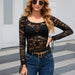 Color-Black-Sexy See through Lace Stitching Coat Women Slim Fit Slimming Long Sleeve Undershirt Shirt-Fancey Boutique