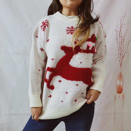 Color-Autumn Winter Deer Snowflake Jacquard Colorful Ball Christmas Sweater Round Neck Knitted Pullover-Fancey Boutique