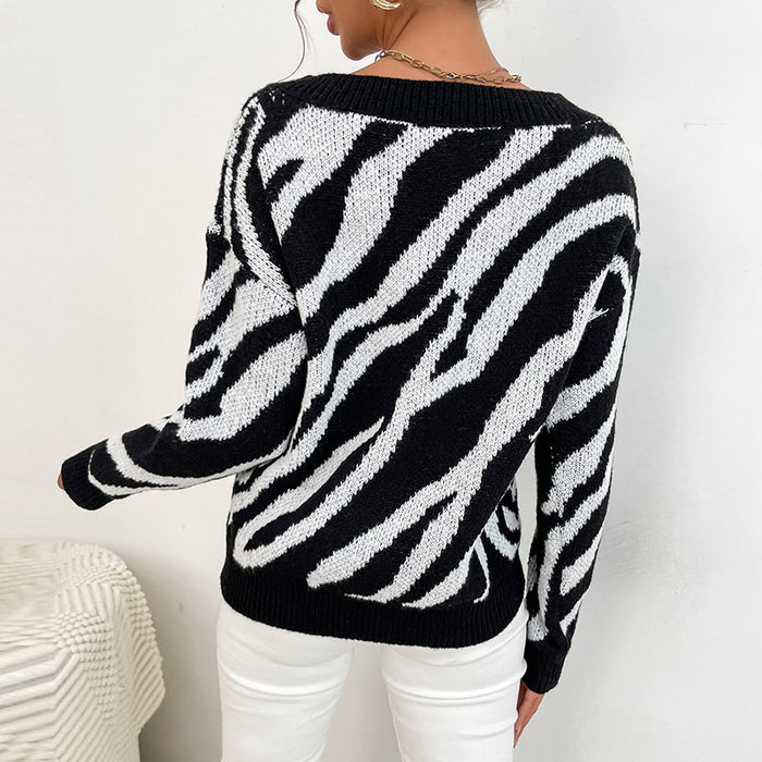 Color-Clothing Base Pullover V neck Black Zebra Print Sweater-Fancey Boutique