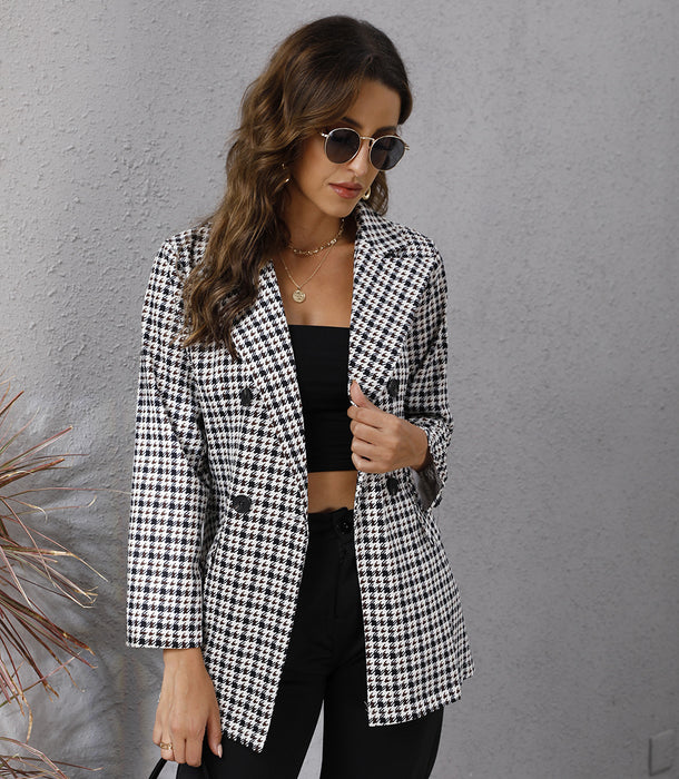 Color-Fall Blazer Women Clothing Houndstooth Collared Long Sleeve Coat-Fancey Boutique