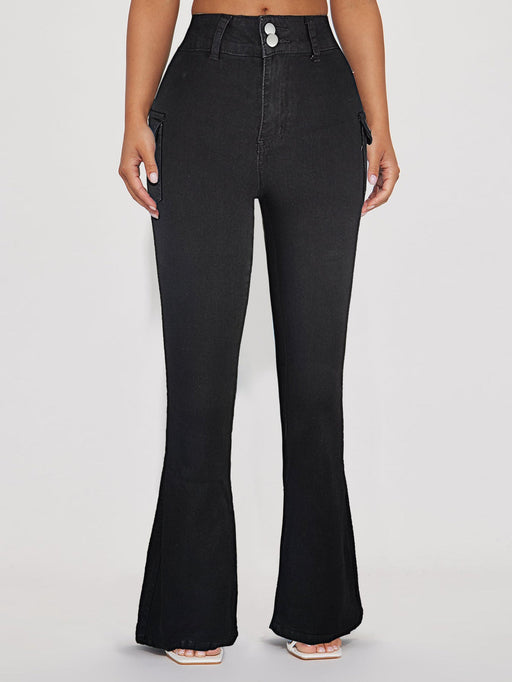 Color-Black-Women Wear High Waist Double Button Slim Jeans Bootcut Trousers-Fancey Boutique