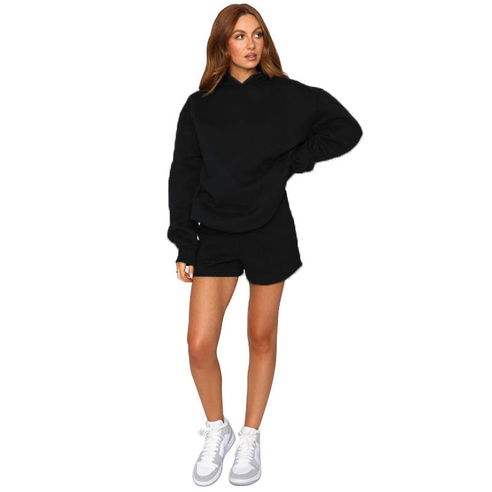 Color-Black-Autumn Winter Solid Color Hooded Pullover Long Sleeve Sweaters Women Clothing Shorts Suit-Fancey Boutique