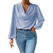 Color-Sky Blue-Long Sleeved Shirt Loose Draped V neck Top T shirt Women Clothing-Fancey Boutique
