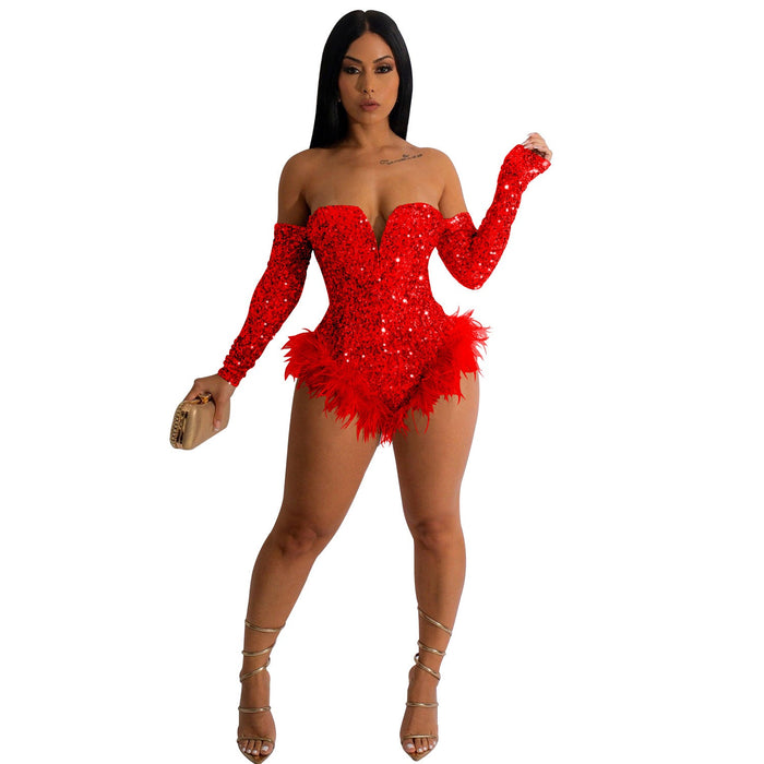 Color-Red-Women Wear Solid Color Sequin Long Sleeve Shorts Jumpsuit Women-Fancey Boutique