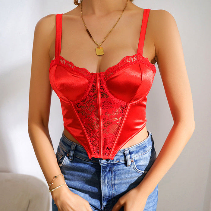 Color-Summer Fresh Sweet Spicy Lace Slim Fit Slimming Steel Ring Top Support Sling Boning Corset Bra Inner Wear Outer Wear Vest-Fancey Boutique