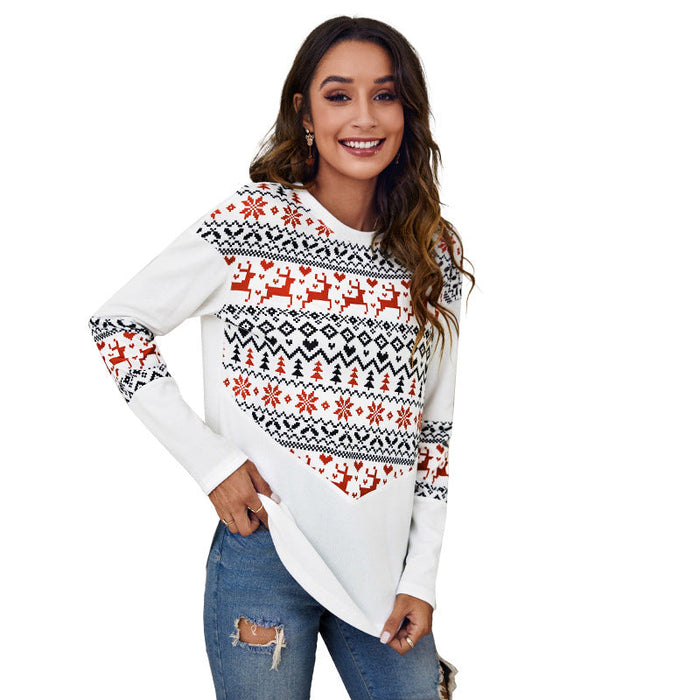 Color-Autumn Winter round Neck Christmas Stitching Printing Casual Loose T shirt-Fancey Boutique