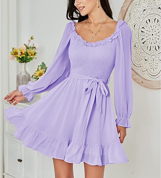 Color-Early Spring Chiffon Dress Women Ruffled V neck Fitted Waist Sweet A line Dress-Fancey Boutique