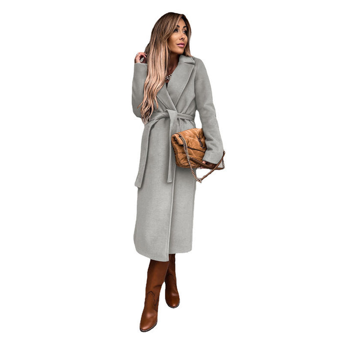 Color-Light Gray-Autumn Winter Women Clothing Solid Color Polo Collar Long Sleeved Woolen Coat Simple Lace up Trench Coat-Fancey Boutique