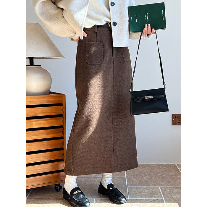 Color-Woolen Skirt High Waist Design Pocket Autumn Winter Cover Hip Woolen Skirt-Fancey Boutique