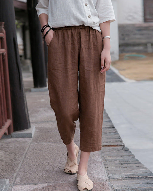 Color-Brown-Cotton Linen Women Clothing Spring Summer Artistic Cotton Linen Casual Pants Linen All Matching Slimming Cropped Pants Baggy Pants-Fancey Boutique
