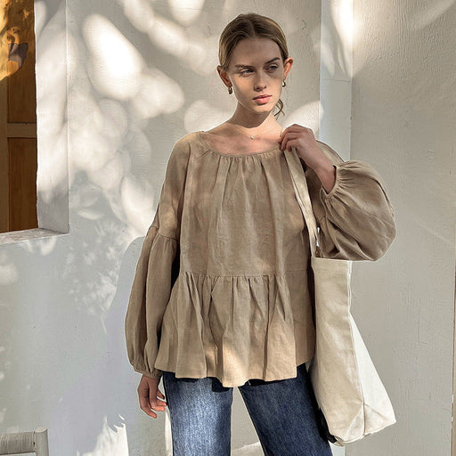 Color-Brown-Fall Linen round Neck Doll Shirt Loose Lantern Sleeve Special Artistic Shirt Women Clothing-Fancey Boutique