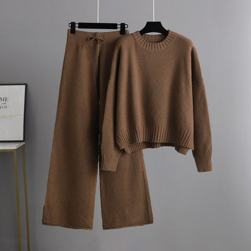 Color-Coffee-Autumn Winter Casual Knitting Work Pant Women Korean Loose Sweater Wide Leg Pants Pants Two Piece Set-Fancey Boutique