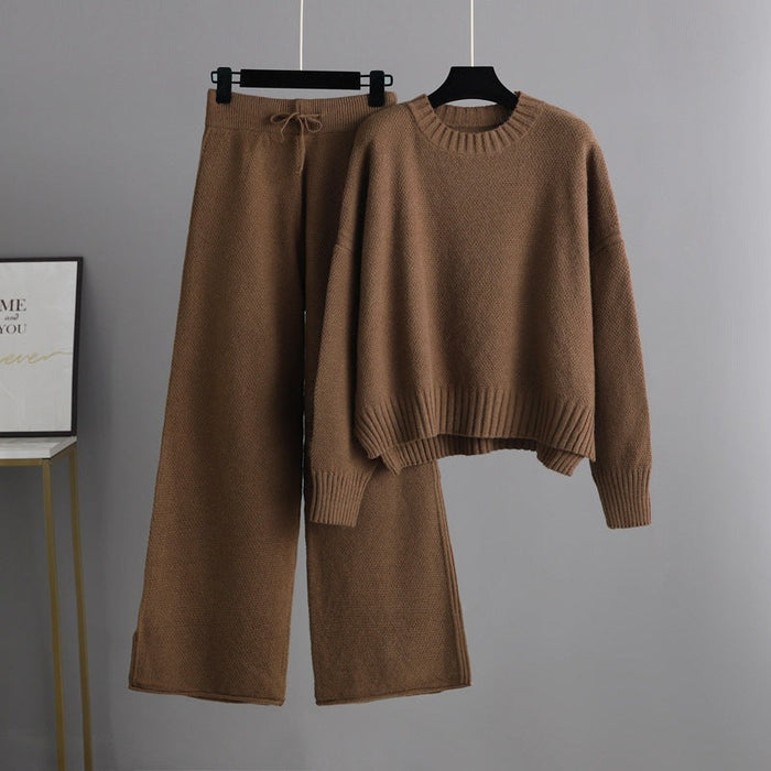 Color-Coffee-Autumn Winter Casual Knitting Work Pant Women Korean Loose Sweater Wide Leg Pants Pants Two Piece Set-Fancey Boutique