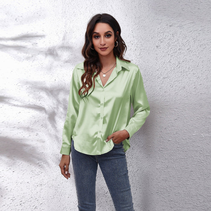 Color-Light Green-Satin Shirt Women Satin Artificial Silk Long Sleeve Shirt-Fancey Boutique