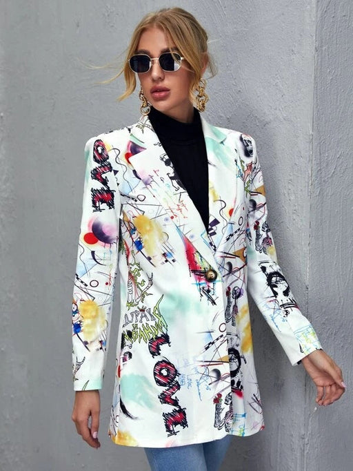 Color-White-Popular Women Clothing Autumn Winter Printed Casual Small Blazer for Women-Fancey Boutique