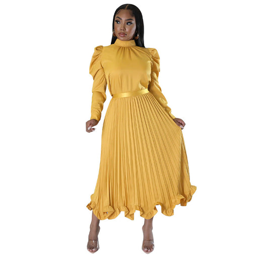 Color-Gold-Autumn Women Clothing Puff Sleeve Top Ruffled Pleated Skirt Two Piece Set-Fancey Boutique