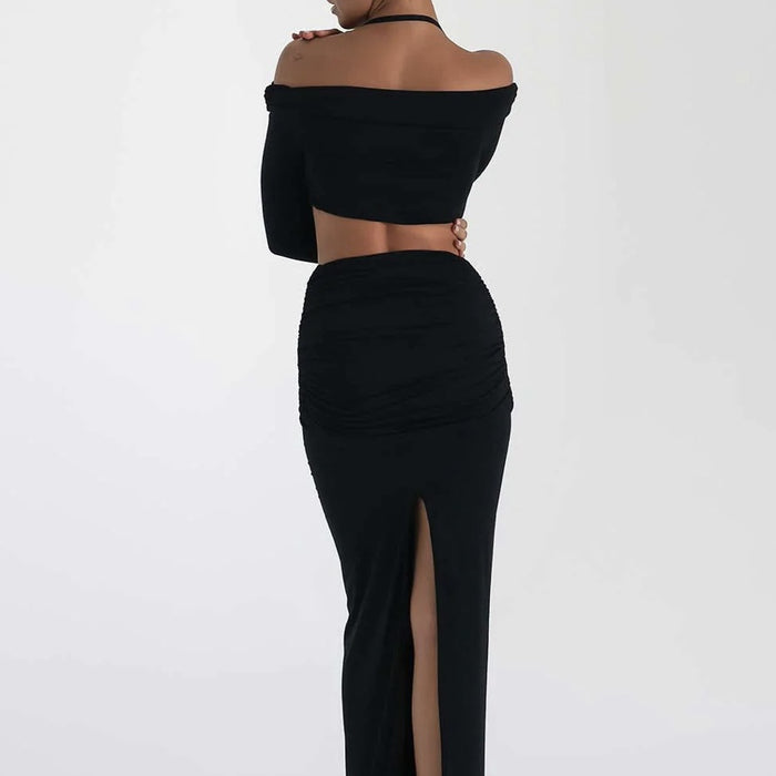 Color-Autumn Winter Women Clothing two piece set off Shoulder Halter Twisted cropped Long Sleeve Long Skirt Set-Fancey Boutique