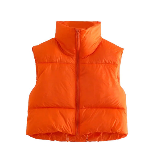 Color-Orange-Sleeveless Zipped Stand Collar Cotton Vest Autumn Winter Multi Color Slim Fit Cotton Padded Jacket Vest Top-Fancey Boutique