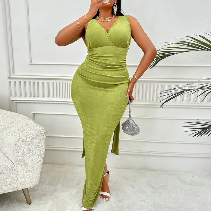 Color-Plus Size Summer Women Clothes Sexy Solid Color Waist Tight Sleeveless Dress-Fancey Boutique