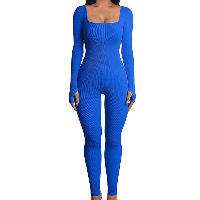 Color-Blue-Women Clothing Jumpsuit Autumn Winter Thread Square Collar Hip Raise Slim Fit Sexy Jumpsuit-Fancey Boutique