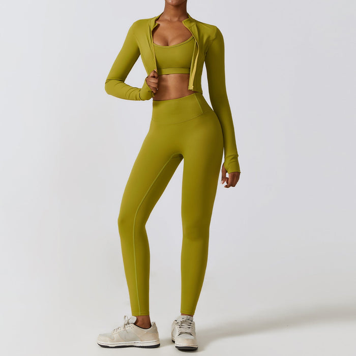 Color-Bra Coat Trousers Matcha Green-Autumn Winter Skinny Yoga Clothes Nude Feel Quick Drying Sports Suit Thin Fitness Clothes Three Piece Set-Fancey Boutique