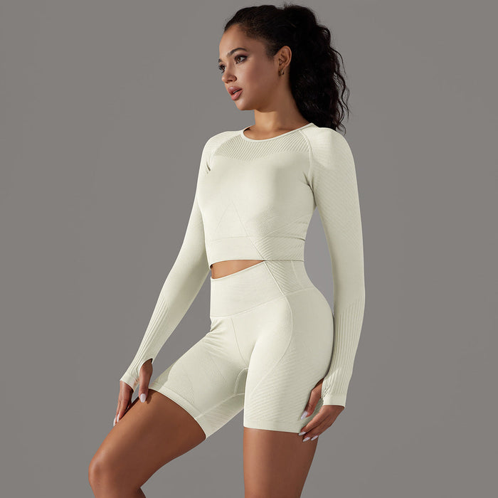 Color-Long Sleeve Shorts Suit-Milky White-Yoga Wear Suit Seamless Breathable Vest Sports Underwear High Waist Hip Lift Fitness Pants Suit-Fancey Boutique