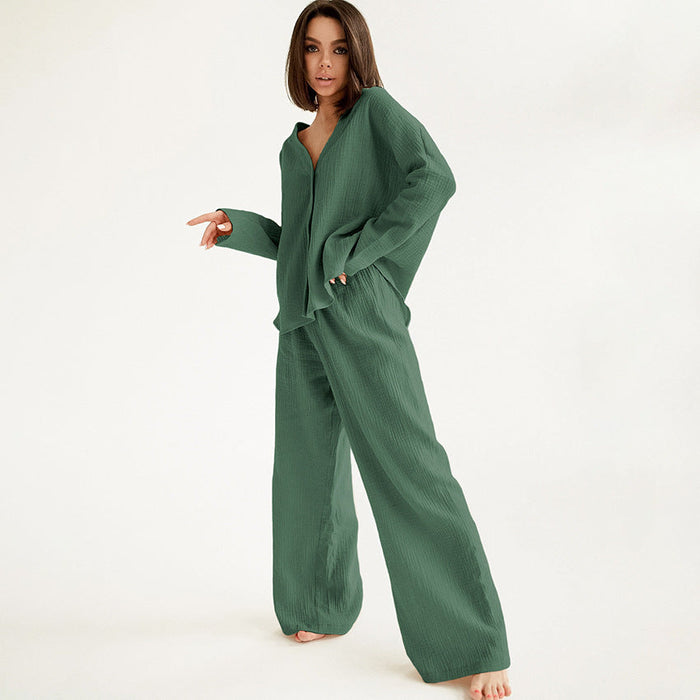 Color-Green-Summer Double Layer Crepe V-neck French Loose Comfortable Long Sleeve Pajamas Women Cotton Linen Homewear Set-Fancey Boutique