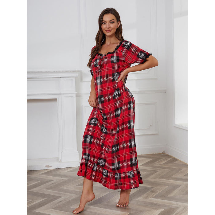 Color-Nightdress Women Short Sleeved Red Plaid Home Pajamas Women-Fancey Boutique