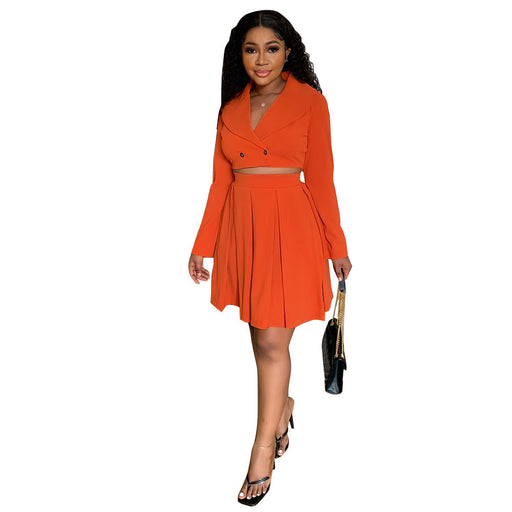 Color-Orange-V neck cropped Small Blazer Solid Color High Waist A line Skirt two piece set-Fancey Boutique