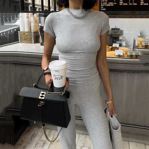 Color-Round Neck Rib T Shirt Casual Trousers Spring Summer Tight Short Sleeve Top Trousers Simple All Match-Fancey Boutique