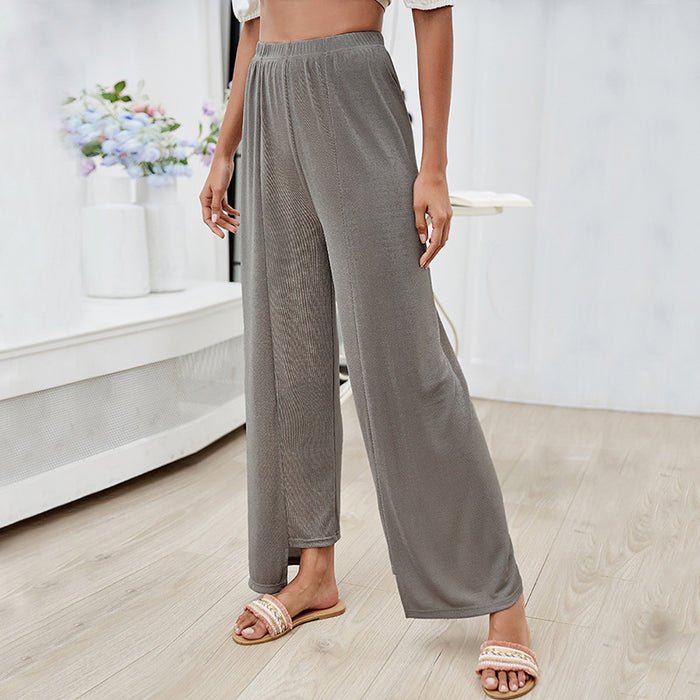 Color-Summer Irregular Asymmetric Casual Trousers Solid Color Loose Simple Wide Leg Pants Elastic Waist Straight Width Cuffless Pants-Fancey Boutique