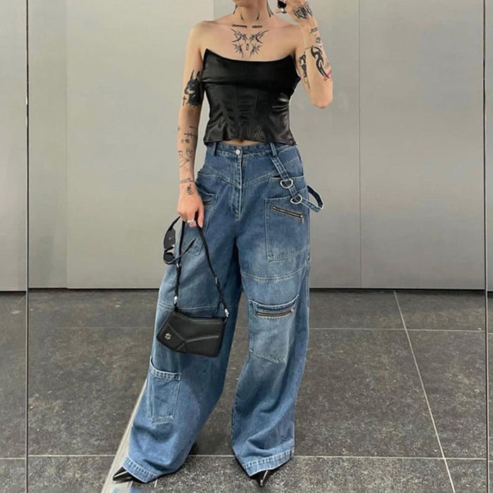 Color-Street Women Zipper Pocket Stitching Washed Gradient Loose Wide Leg Pants Heavy Industry Denim Mop Trousers Summer-Fancey Boutique