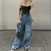 Color-Street Women Zipper Pocket Stitching Washed Gradient Loose Wide Leg Pants Heavy Industry Denim Mop Trousers Summer-Fancey Boutique