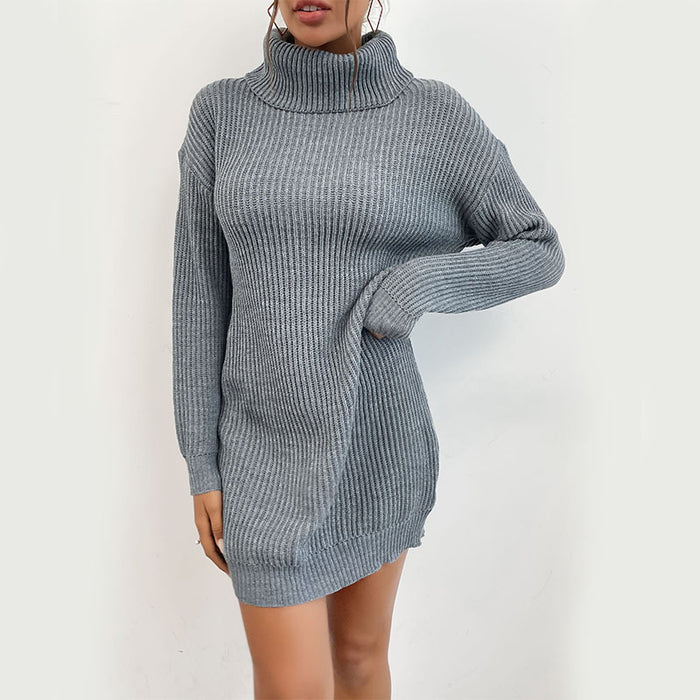 Color-Women Clothing Autumn Solid Color Long Sleeve High Collar Sweater Dress No Belt-Fancey Boutique