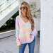 Color-Autumn Winter Women Rainbow Stitching Tie Dyed V neck Pullover Personality Sweater Knitted-Fancey Boutique