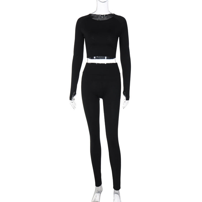 Color-Black-Women Clothing Summer Long Sleeve Top Slim Fit High Elastic Sports Yoga Pants Suit-Fancey Boutique