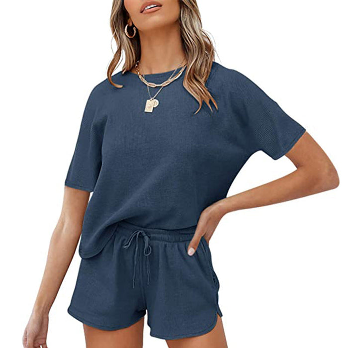 Color-Rib Short-Sleeved Home Wear Solid Color Casual Two-Piece Pajamas Suit-Fancey Boutique