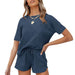 Color-Blue-Rib Short-Sleeved Home Wear Solid Color Casual Two-Piece Pajamas Suit-Fancey Boutique