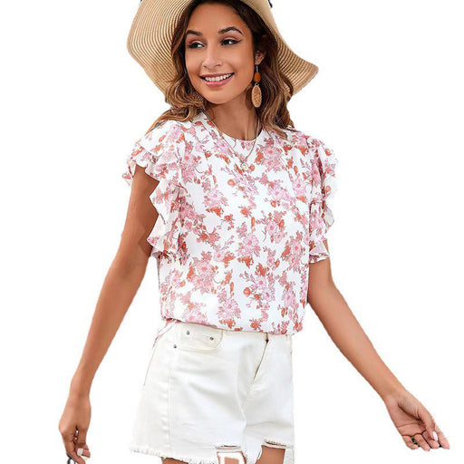 Color-Pink-Women Summer round Neck Printed Ruffled Short Sleeves Chiffon Shirt Floral Pullover T shirt-Fancey Boutique