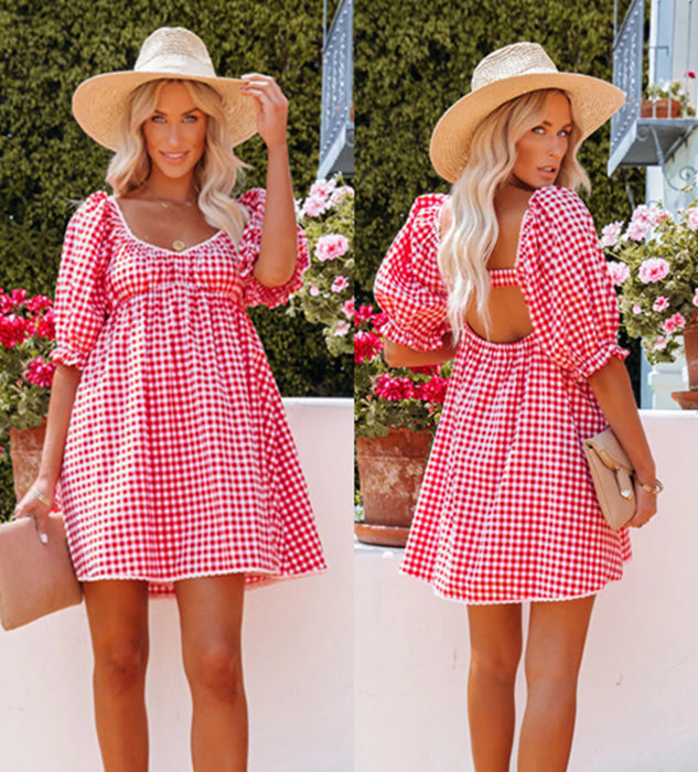 Color-Women Clothing Summer New Sweet Plaid V-neck Stitched Backless Waist Babydoll Dress-Fancey Boutique